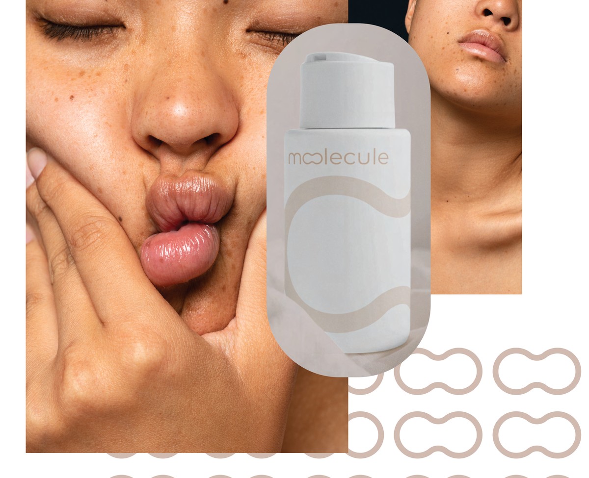 Molecule mood board — face close-up fotografije, bijela bočica i oo pattern elementi
