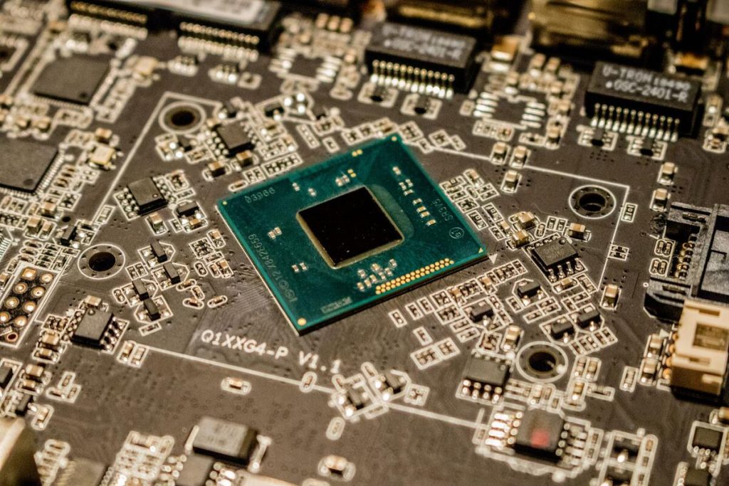 computer chip and circuit board close up, abstract technology, no people