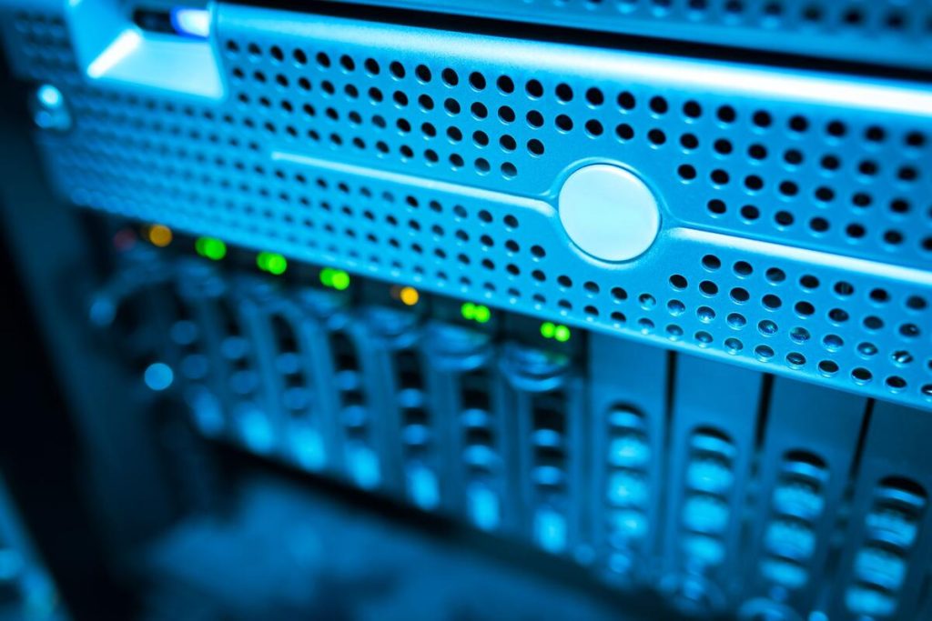 server room with blue indicator lights, cybersecurity concept, no people