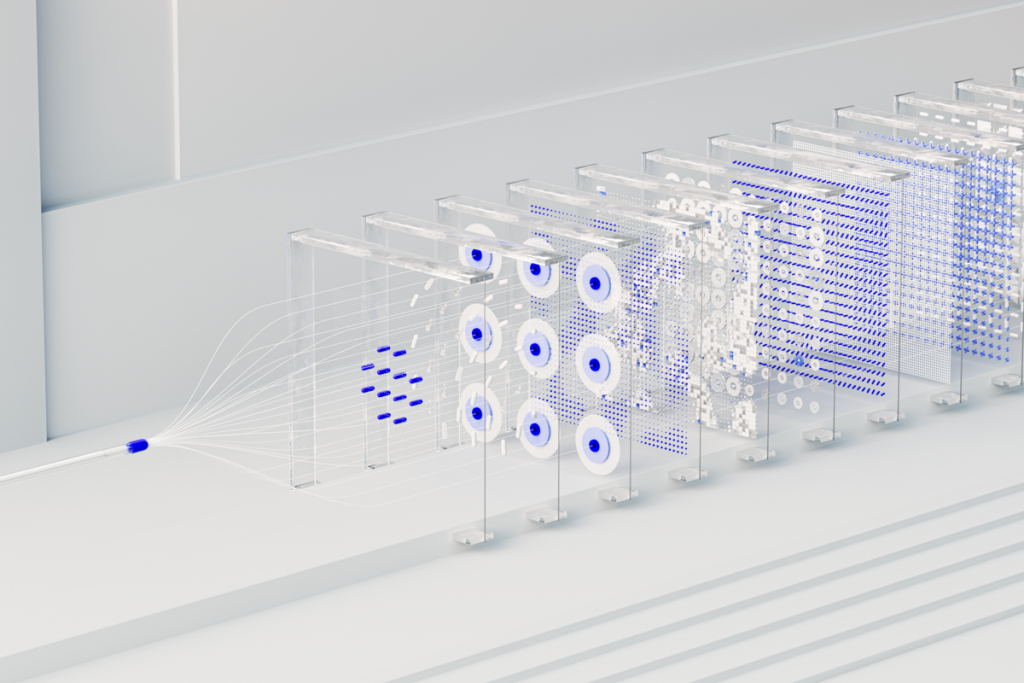abstract digital network nodes representing search engine artificial intelligence, no people