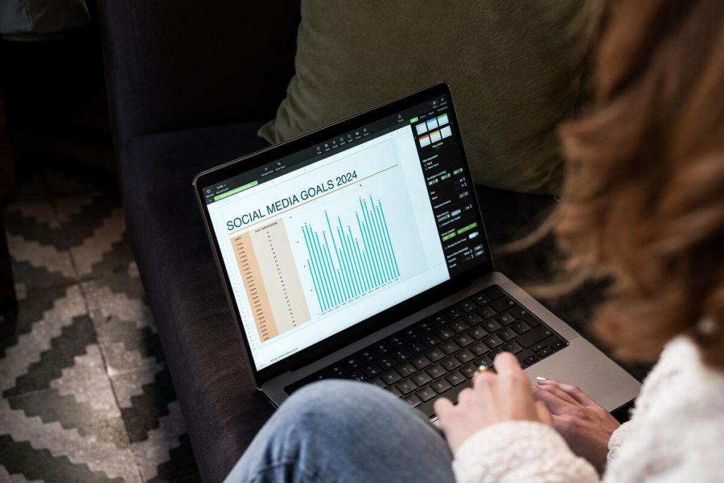 laptop screen showing social media business dashboard with charts, no faces