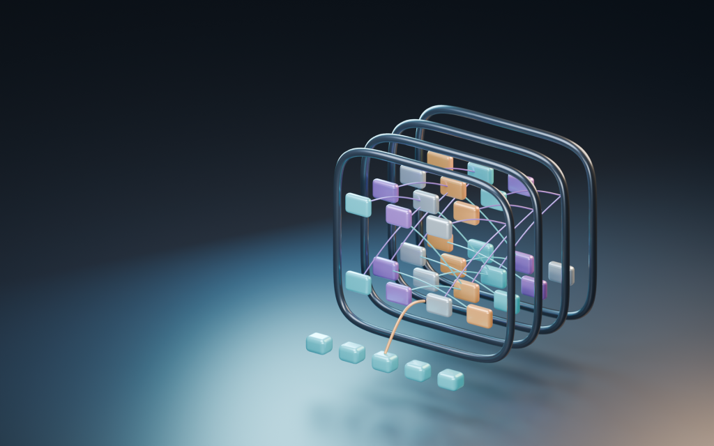 diagram of interconnected gears and nodes symbolizing an open software standard, no people, flat illustration style