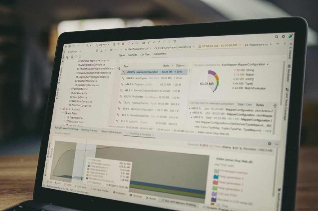 developer dashboard with analytics graphs on laptop screen, no people